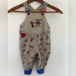 Gymboree Vintage tan overalls with Moose Winter print and colorful hardware